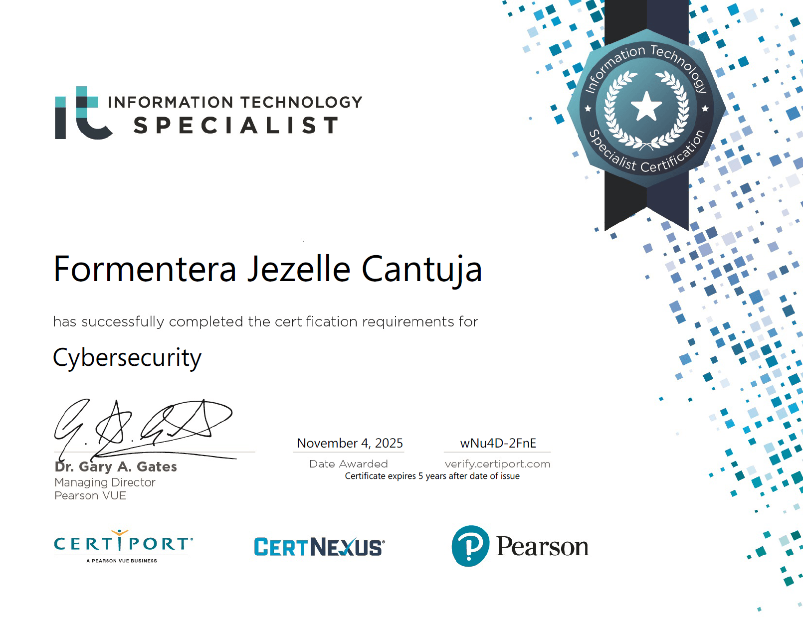 Certiport IT Specialist Cybersecurity certificate