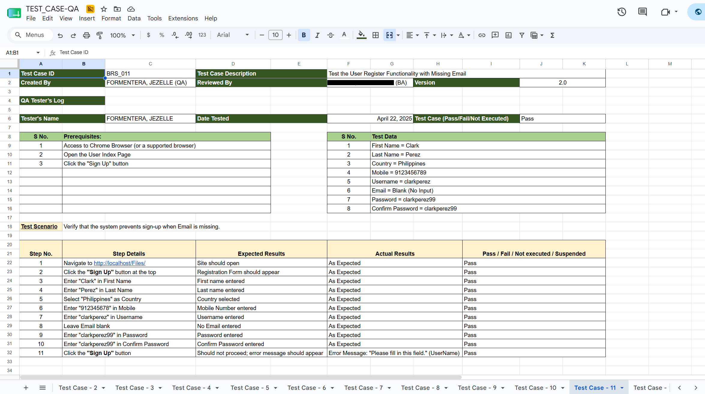 Sample test case sheet for the bus reservation system