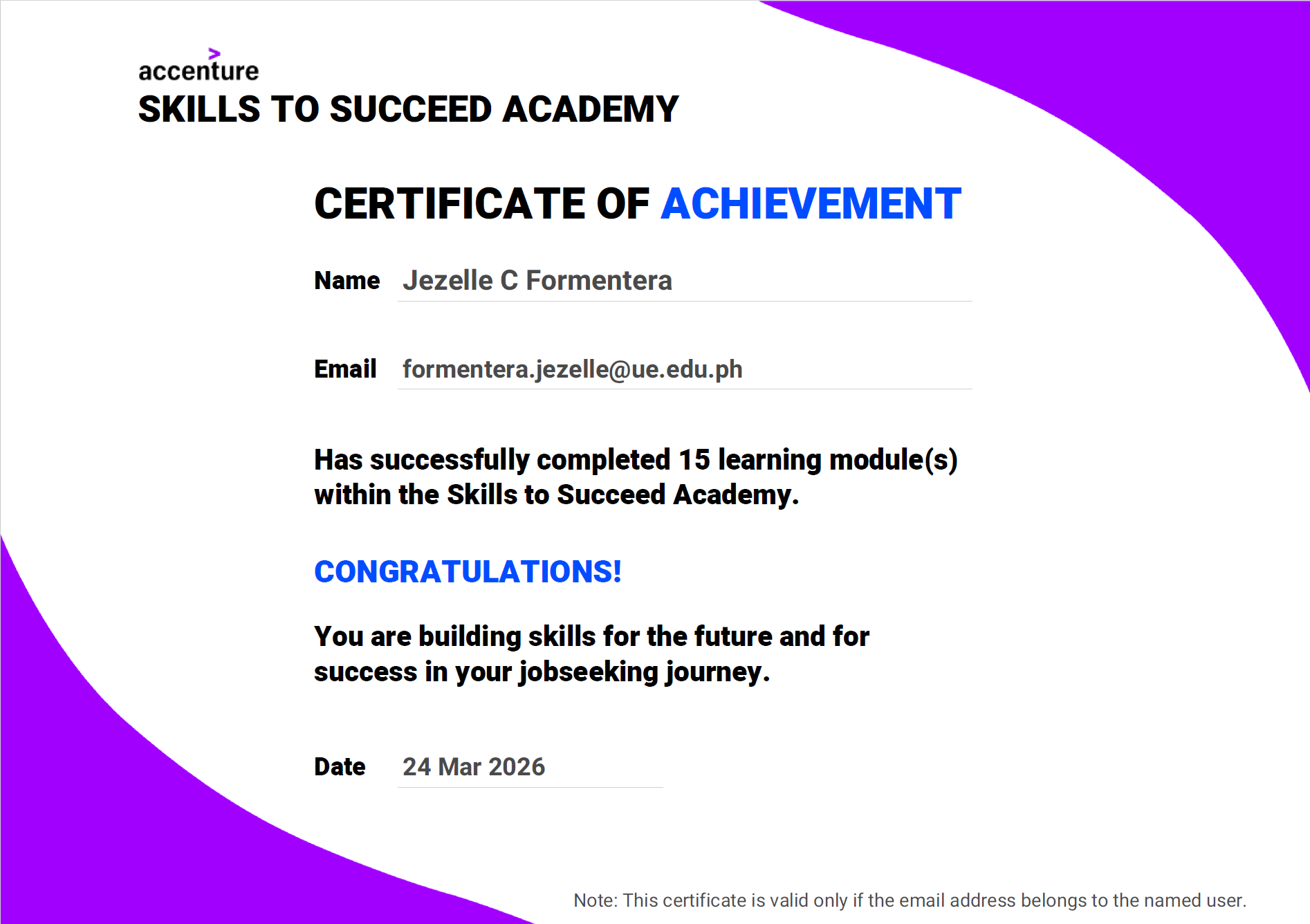 Accenture Skills to Succeed Academy certificate