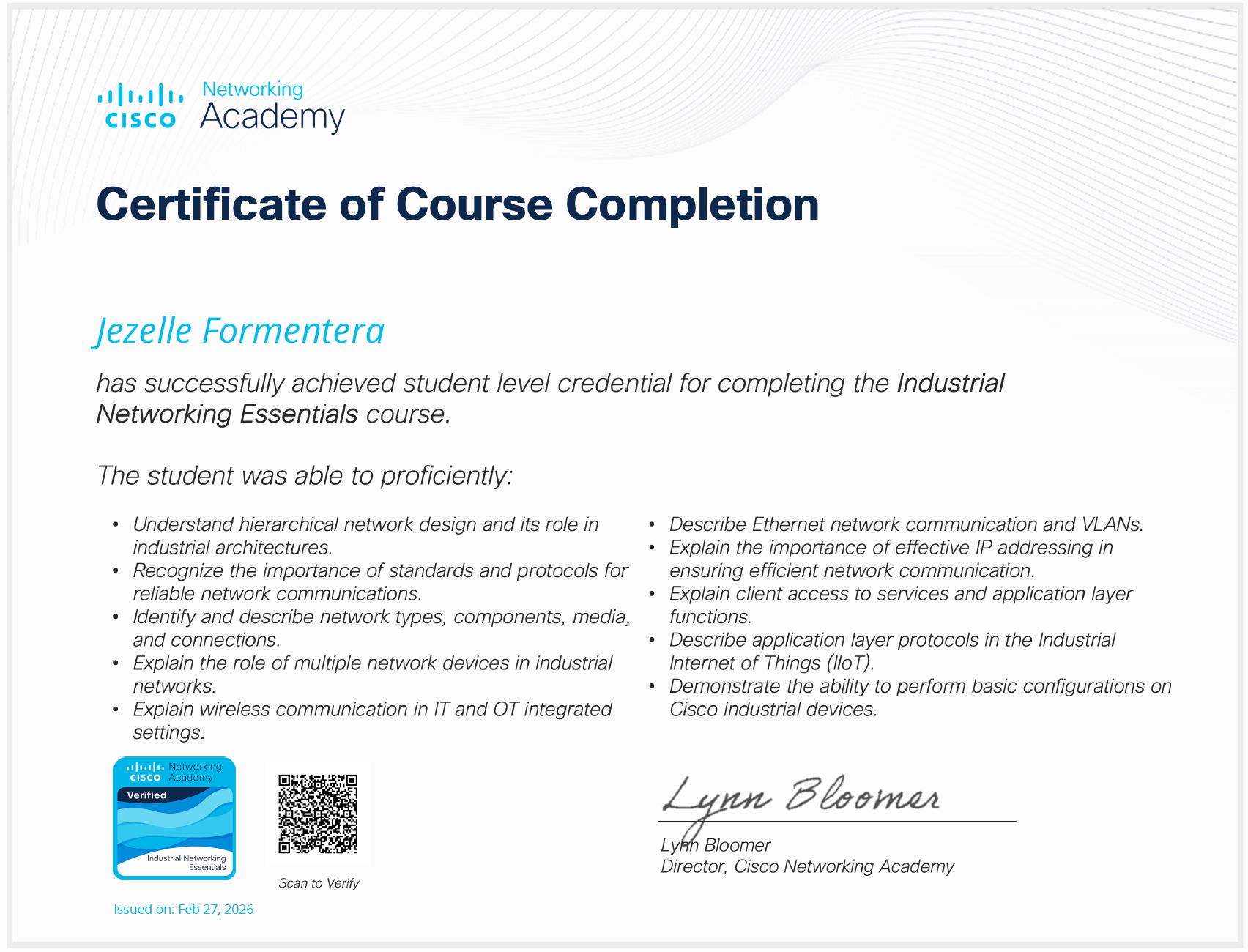 CISCO Industrial Networking Essentials certificate